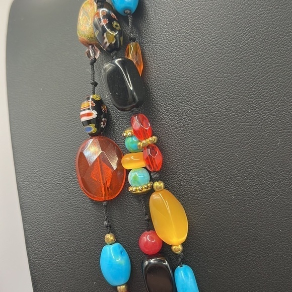 Colorful Beaded knotted Necklace with gold tone spacers - Picture 3 of 10